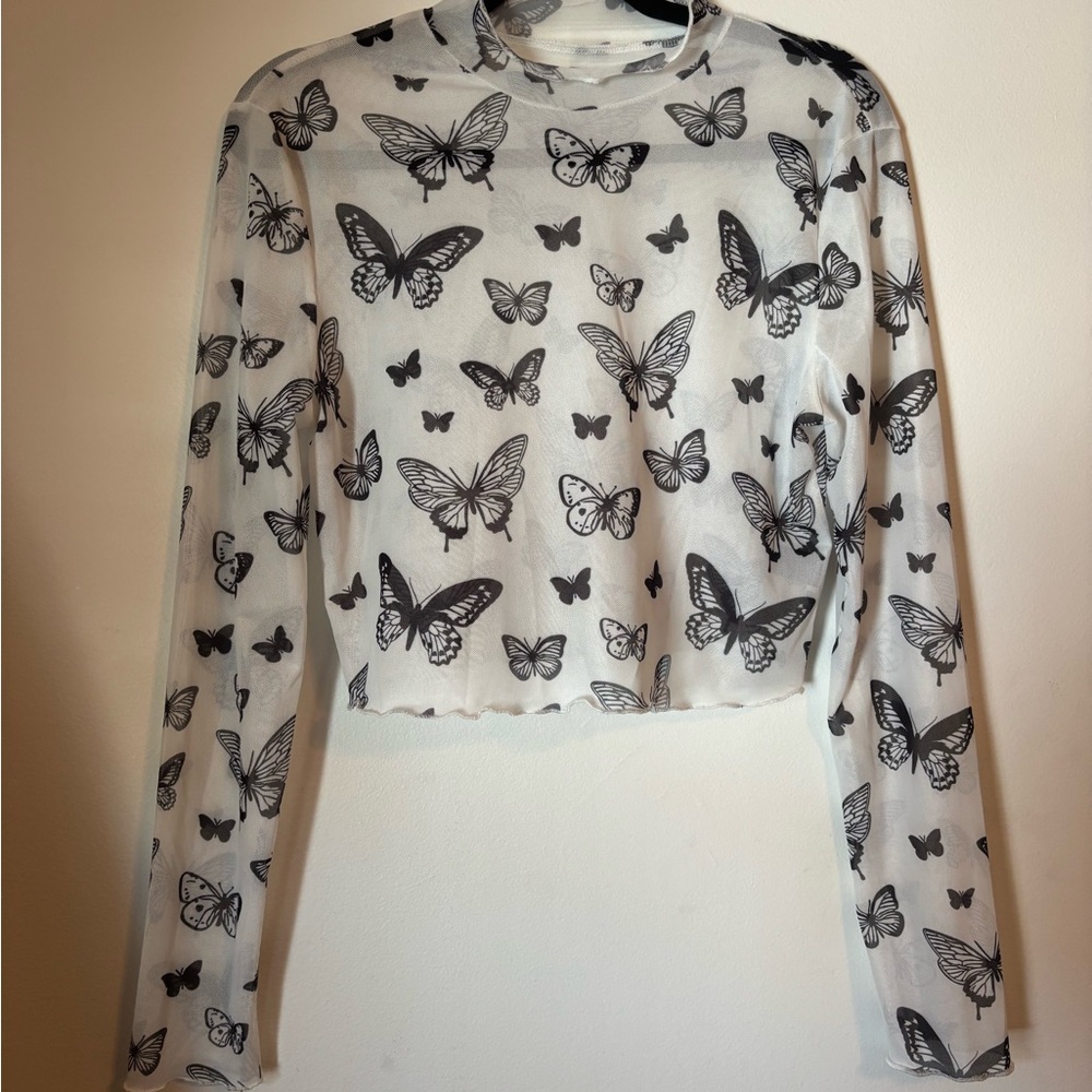 Butterfly Print Sheer White Top